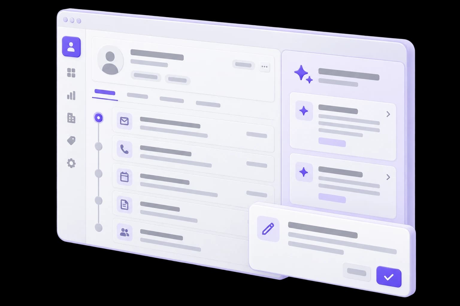 CRM-інтерфейс із карткою клієнта та бічною панеллю AI-помічника.