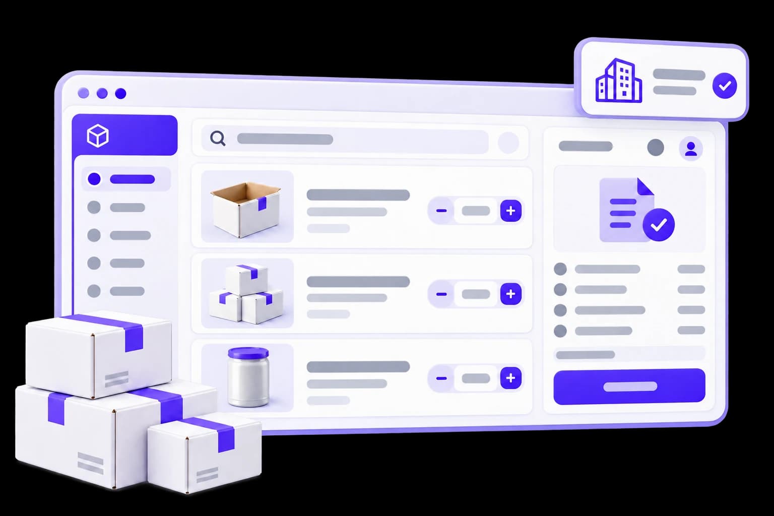 Ілюстрація платформи оптових закупівель: каталог, кількість товарів, замовлення та обліковий запис компанії.