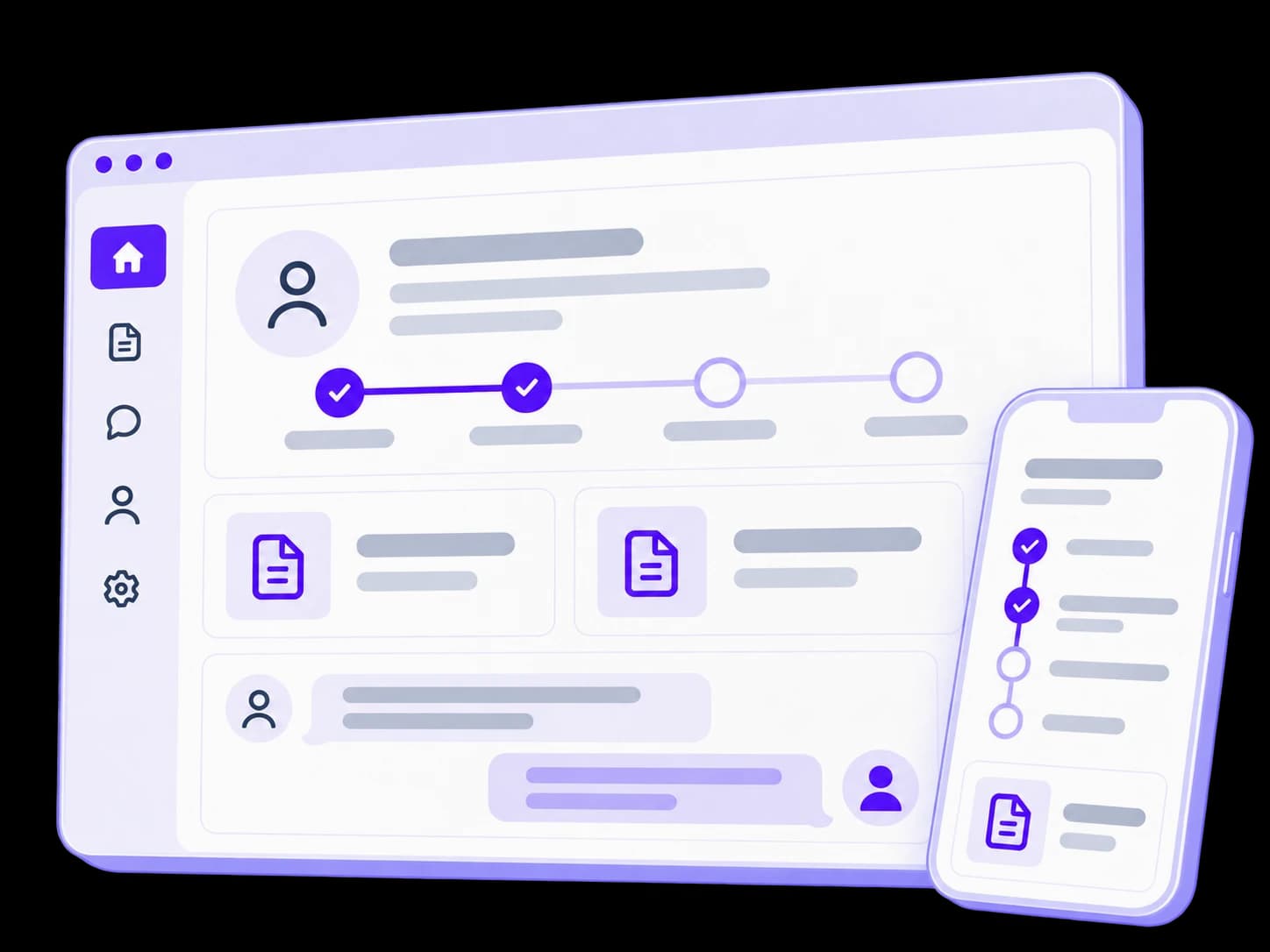 Illustration of a customer portal with request progress, documents and a message.