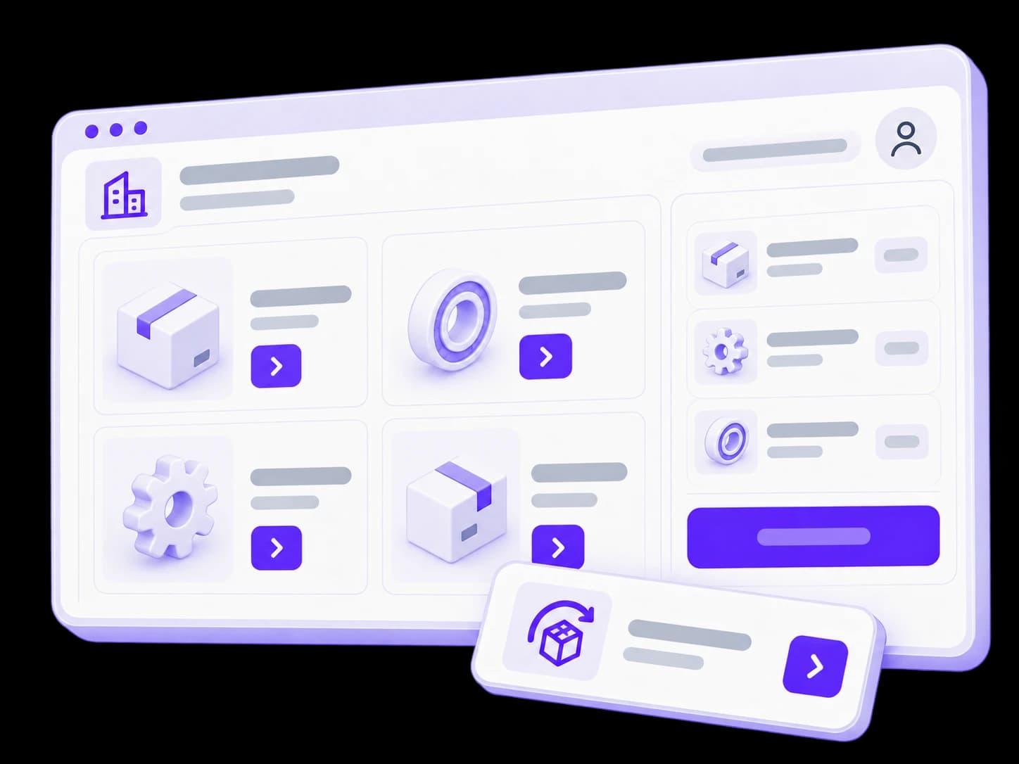 Illustration of a partner workspace with a catalogue, order details and a company account.