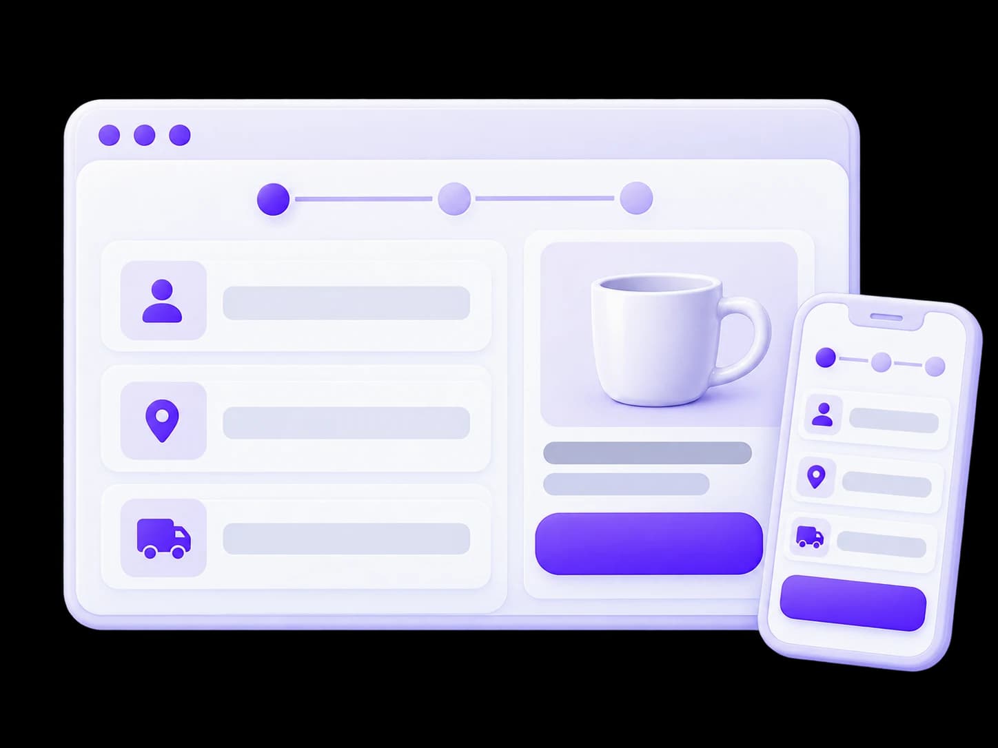 Checkout on a desktop screen and phone with a clear sequence of steps.