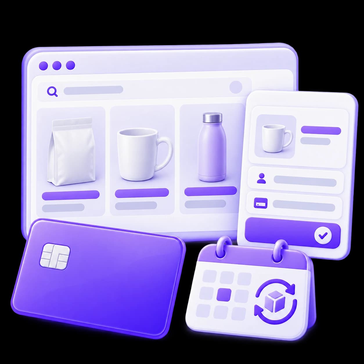 Online store modules: a product catalog, checkout, payment and recurring purchases.