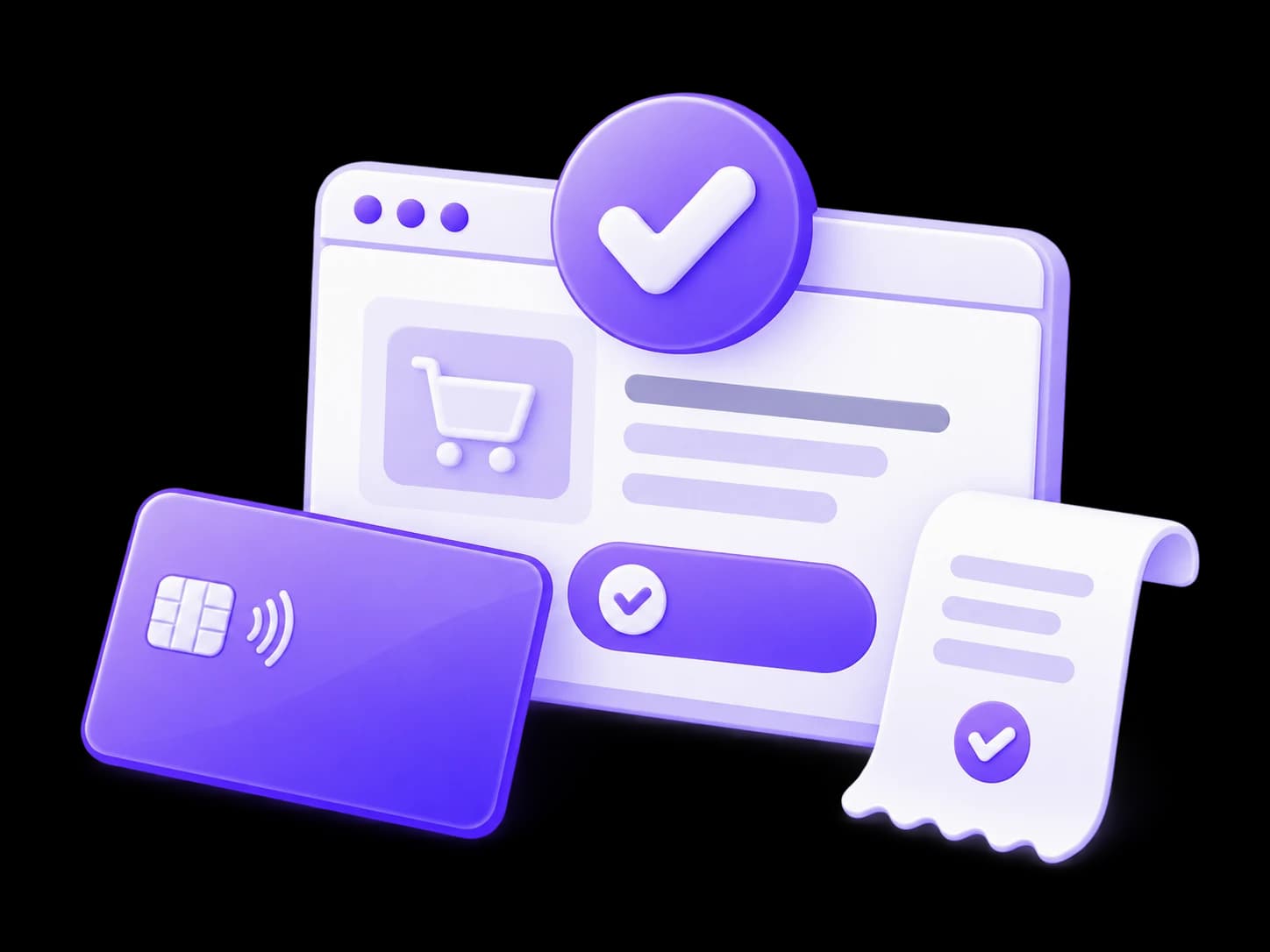 Confirmed payment illustration with a payment card, order and receipt.