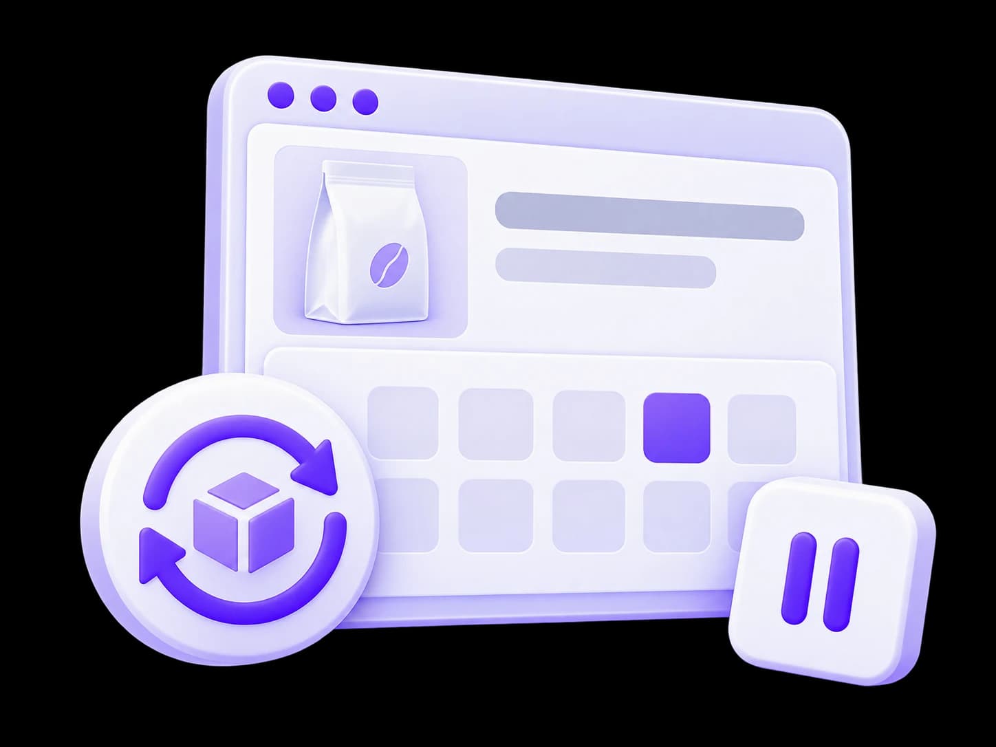 Recurring purchase illustration with a product, calendar, repeat symbol and pause control.