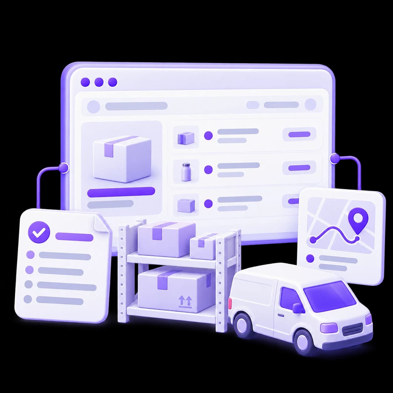 An online order interface, accounting document, warehouse stock and shipping shown together.