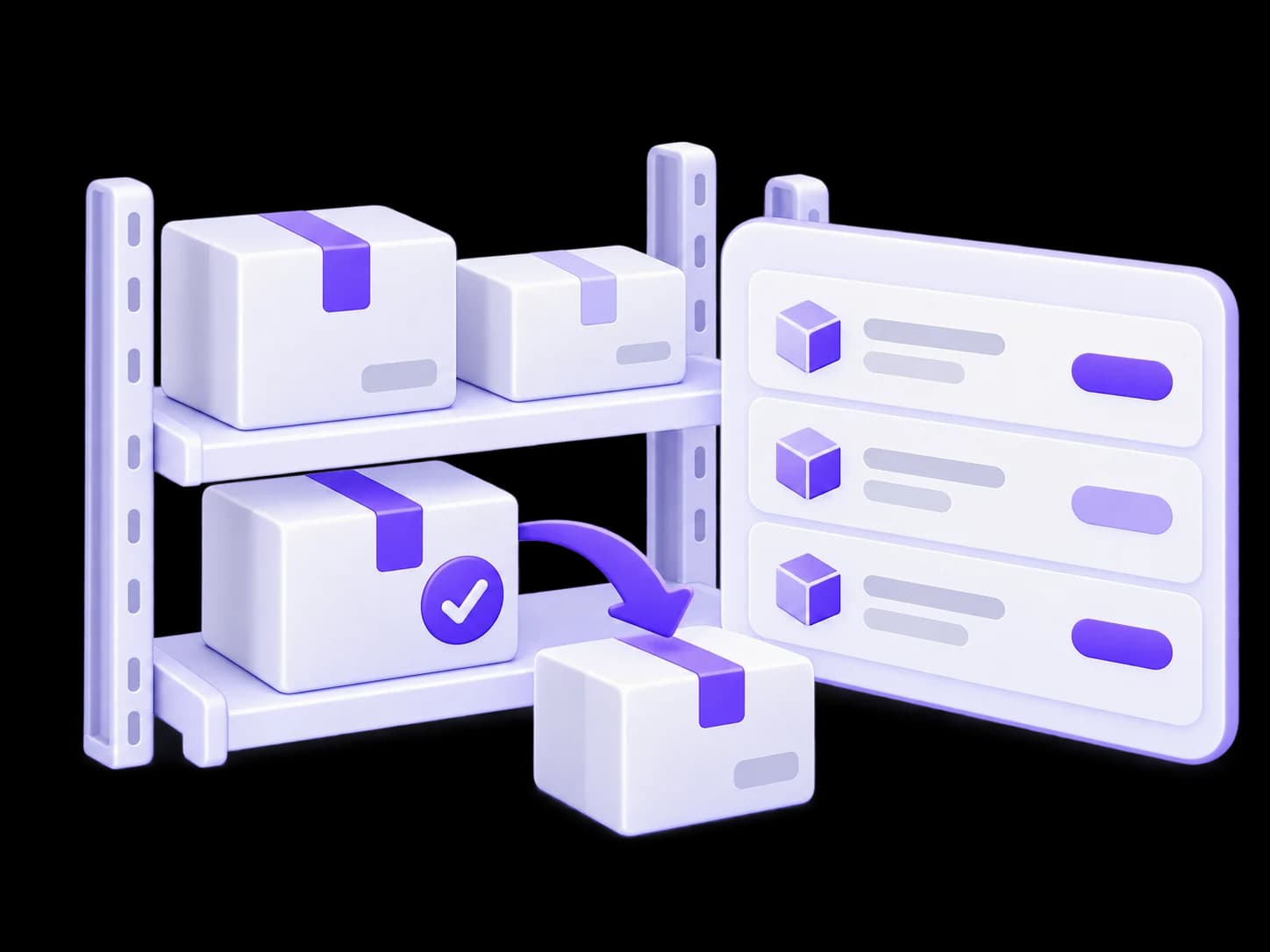 Warehouse shelves, a parcel allocated to an order and an inventory panel.