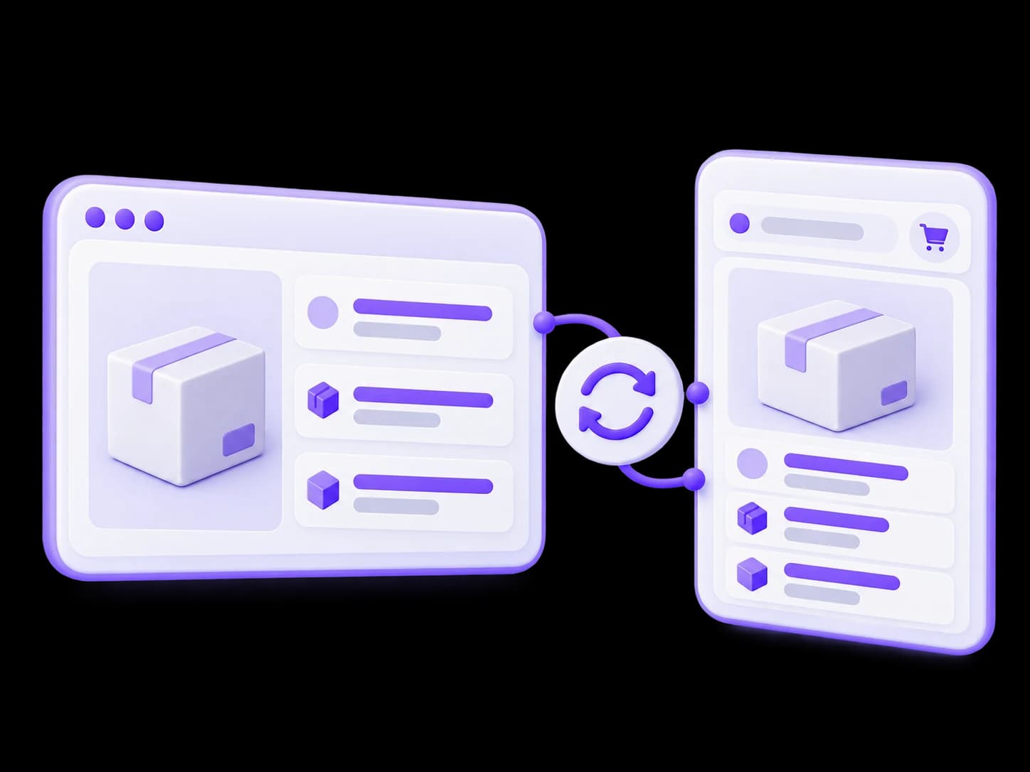 Matching product information in a back-office panel and storefront connected by a sync symbol.
