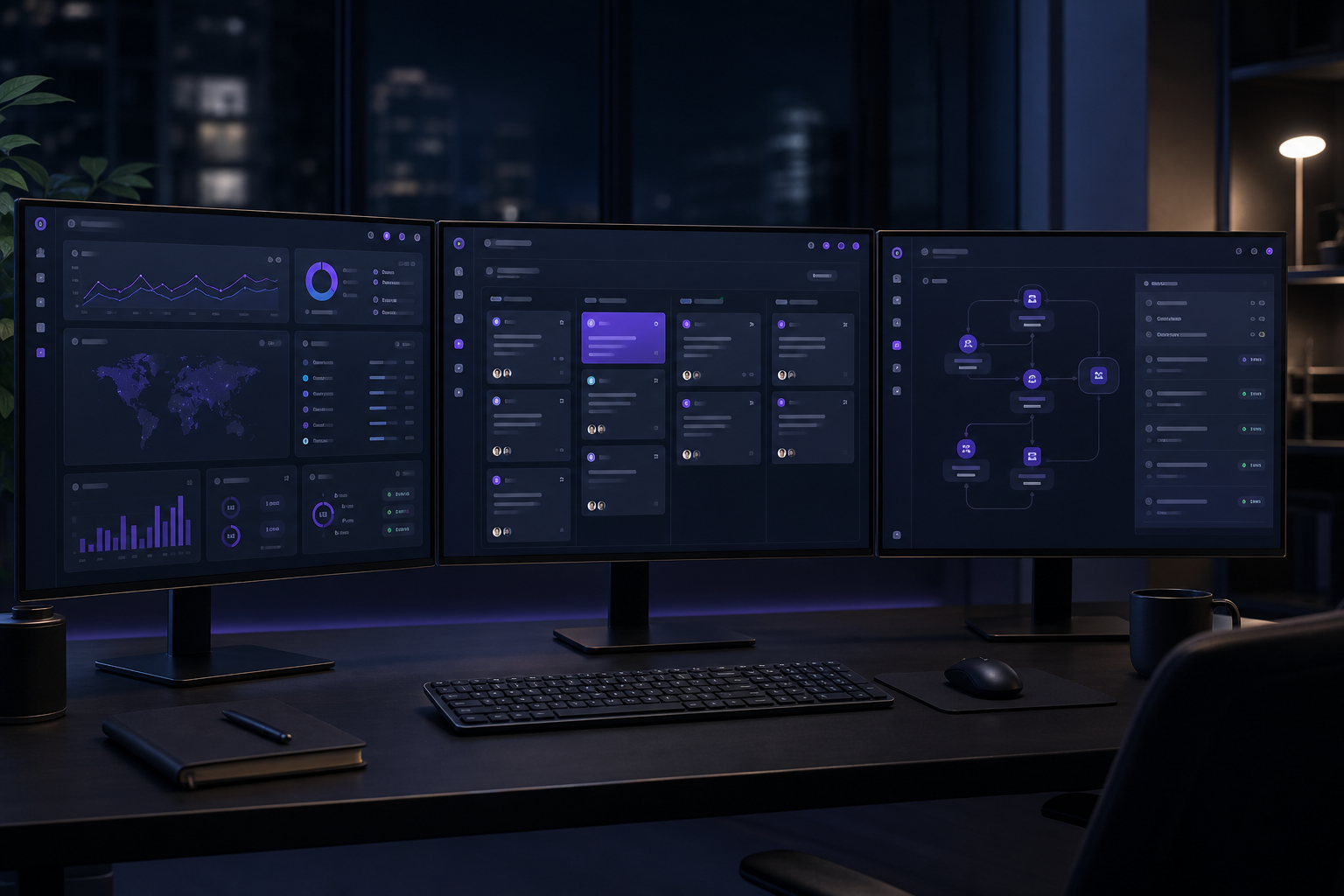 Operations command center with internal dashboards, CRM pipeline views, and workflow surfaces on dark enterprise monitors