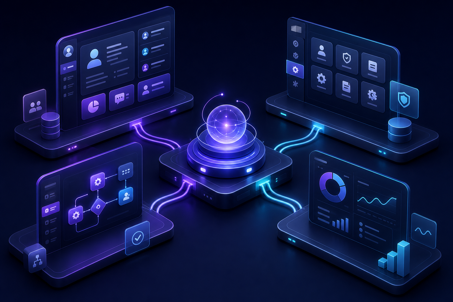 Unified internal platform hub connecting CRM, admin modules, workflows, and analytics on one spine