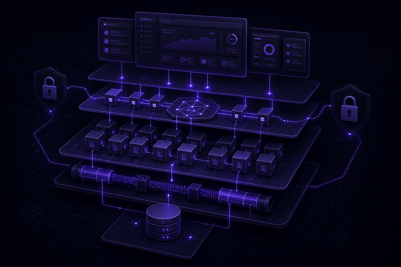Secure APIs, layered backend services, integrations, analytics-ready data, and modular frontends