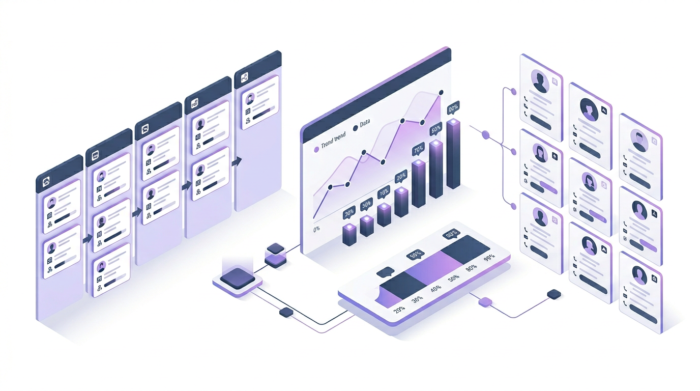 Isometric CRM dashboard with pipeline stages, deal cards, and analytics charts
