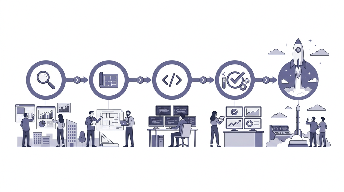 Discovery, architecture, development, testing, and deployment as a structured delivery path