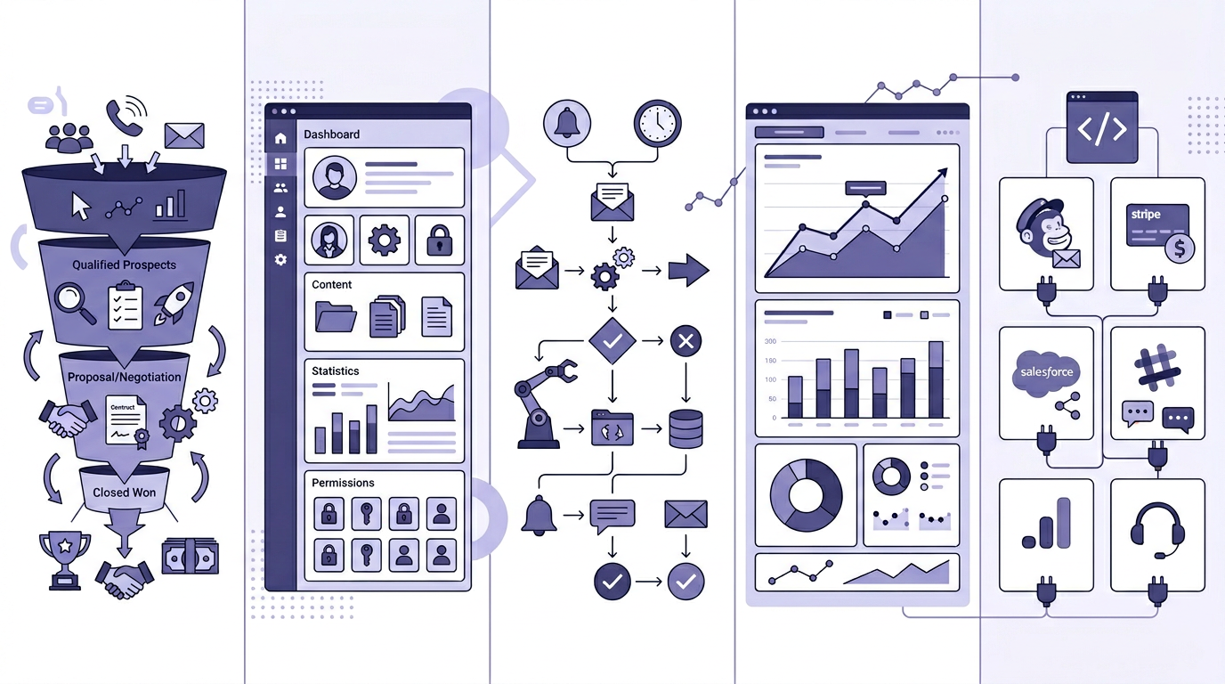 Sales CRM, admin panels, automation, reporting, and API integrations as deliverables