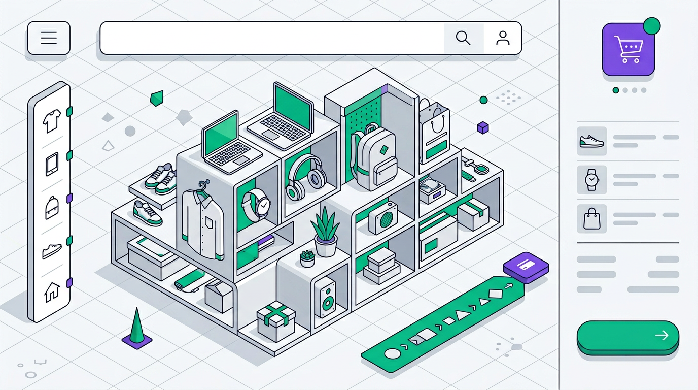 E-commerce storefront and checkout dashboard with product grid and order flow