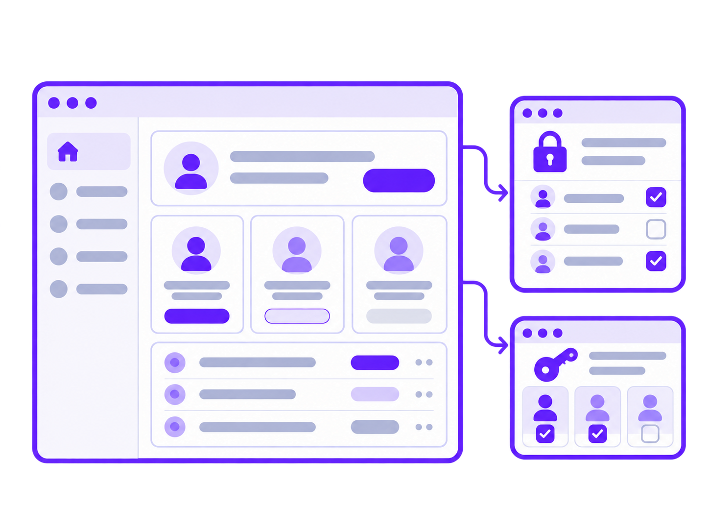 Conceptual interface showing user profiles and access permission panels.